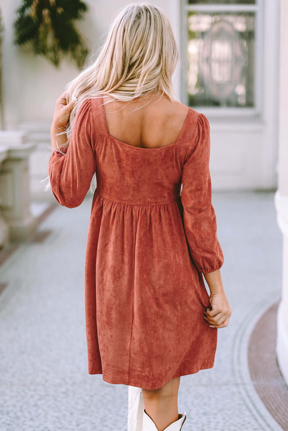 Suede Square Neck Puff Sleeve Dress - Dixie Hike & Style