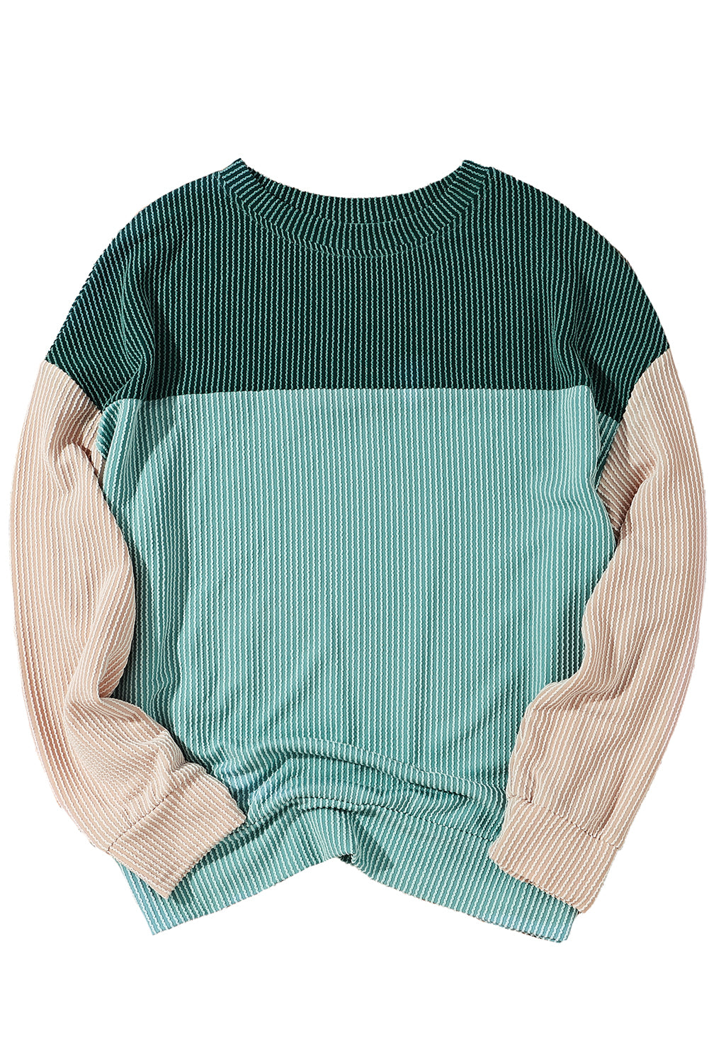 Green Color Block Long Sleeve Ribbed Loose Top - Dixie Hike & Style