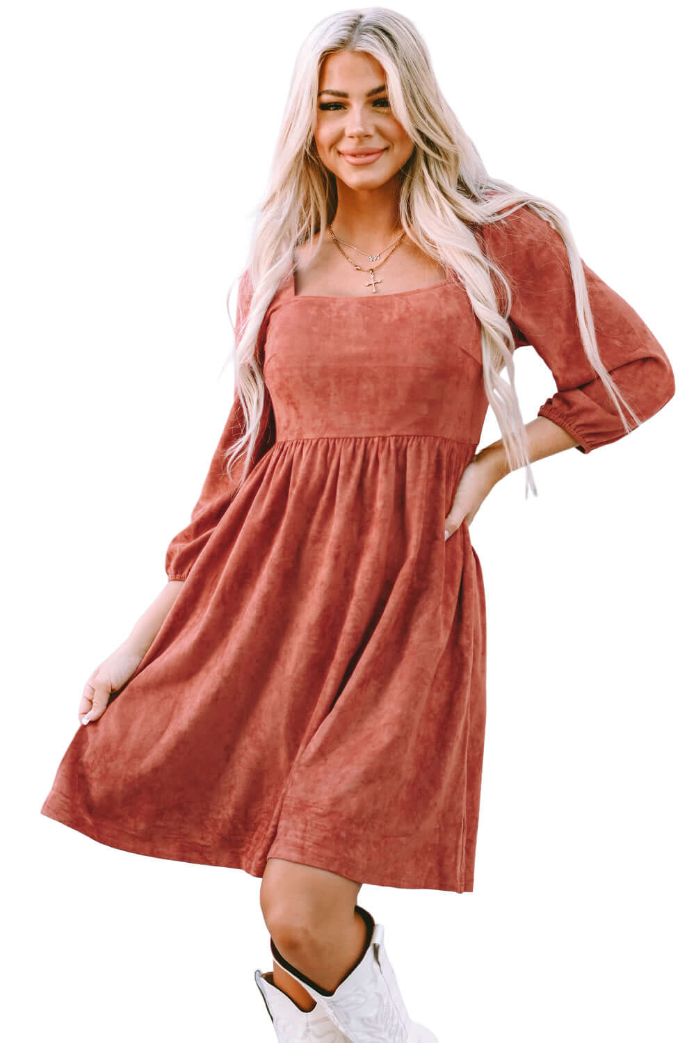 Suede Square Neck Puff Sleeve Dress - Dixie Hike & Style