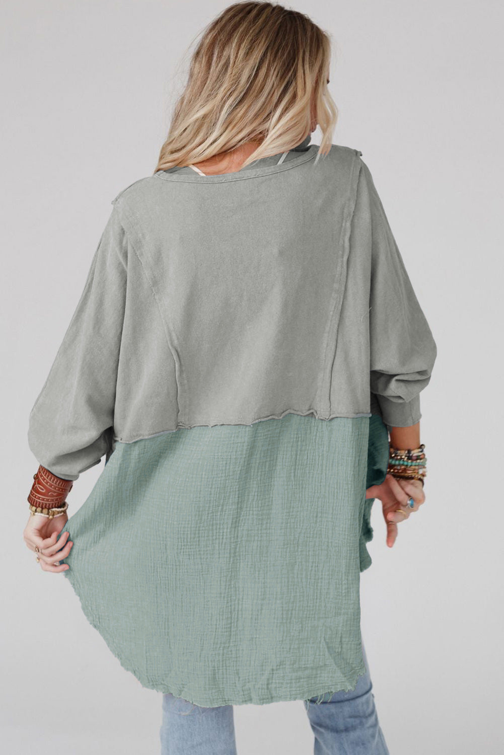 Grey Crinkle Splicing Raw Hem High Low Oversized Blouse - Dixie Hike & Style