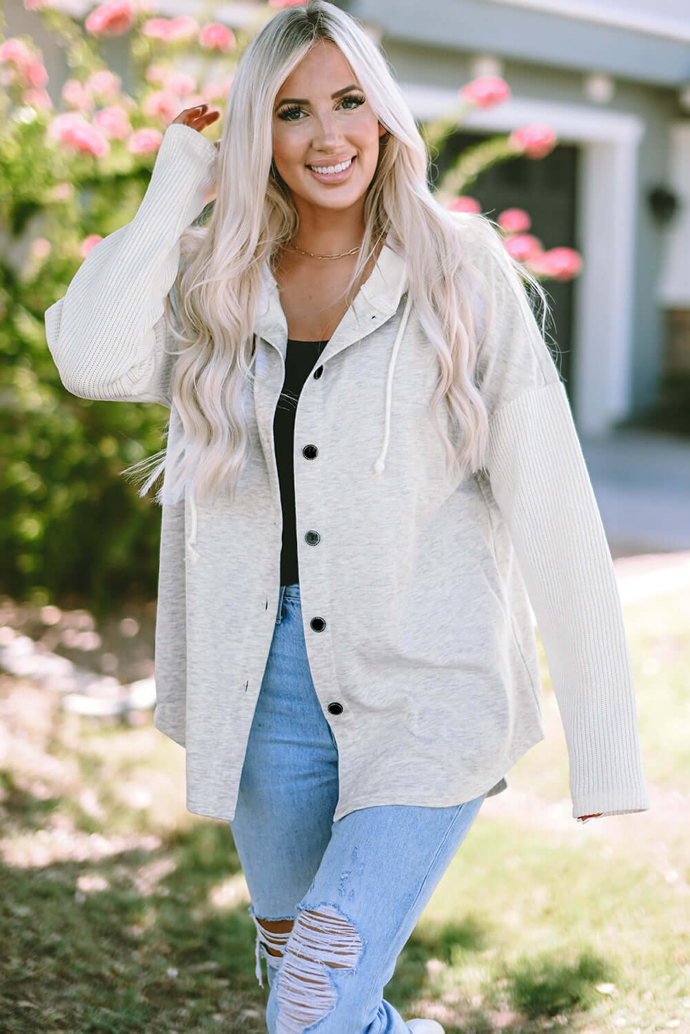 Gray Button Up Contrast Knitted Sleeves Hooded Jacket - Dixie Hike & Style