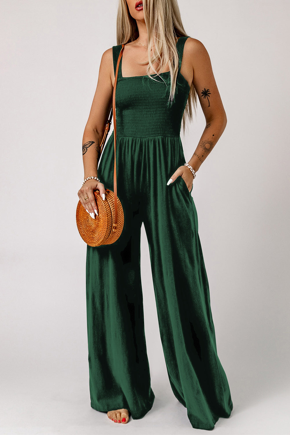 Green Smocked Sleeveless Wide Leg Jumpsuit with Pockets - Dixie Hike & Style
