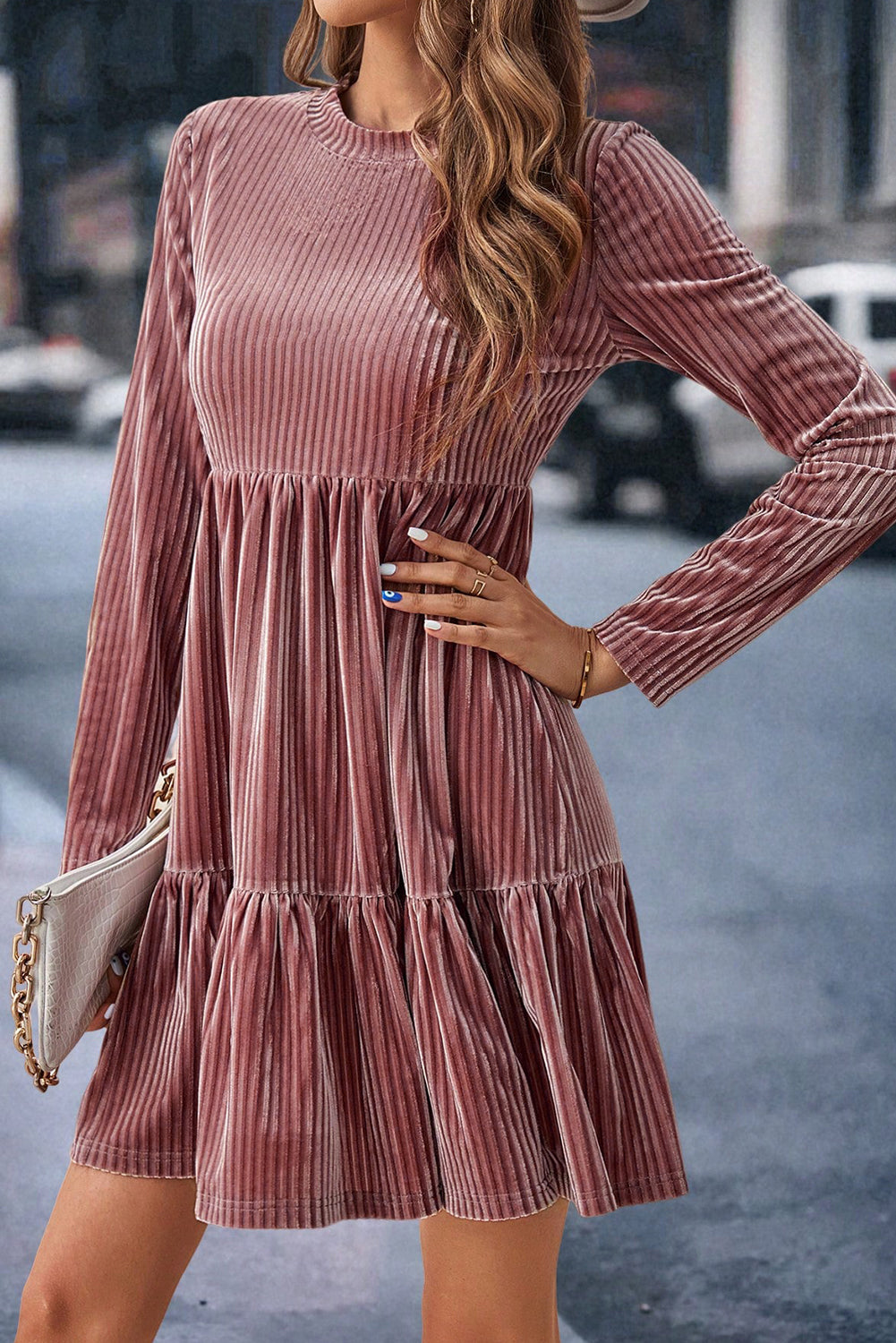 Pale Chestnut Long Sleeve Tiered Ribbed Velvet Dress - Dixie Hike & Style