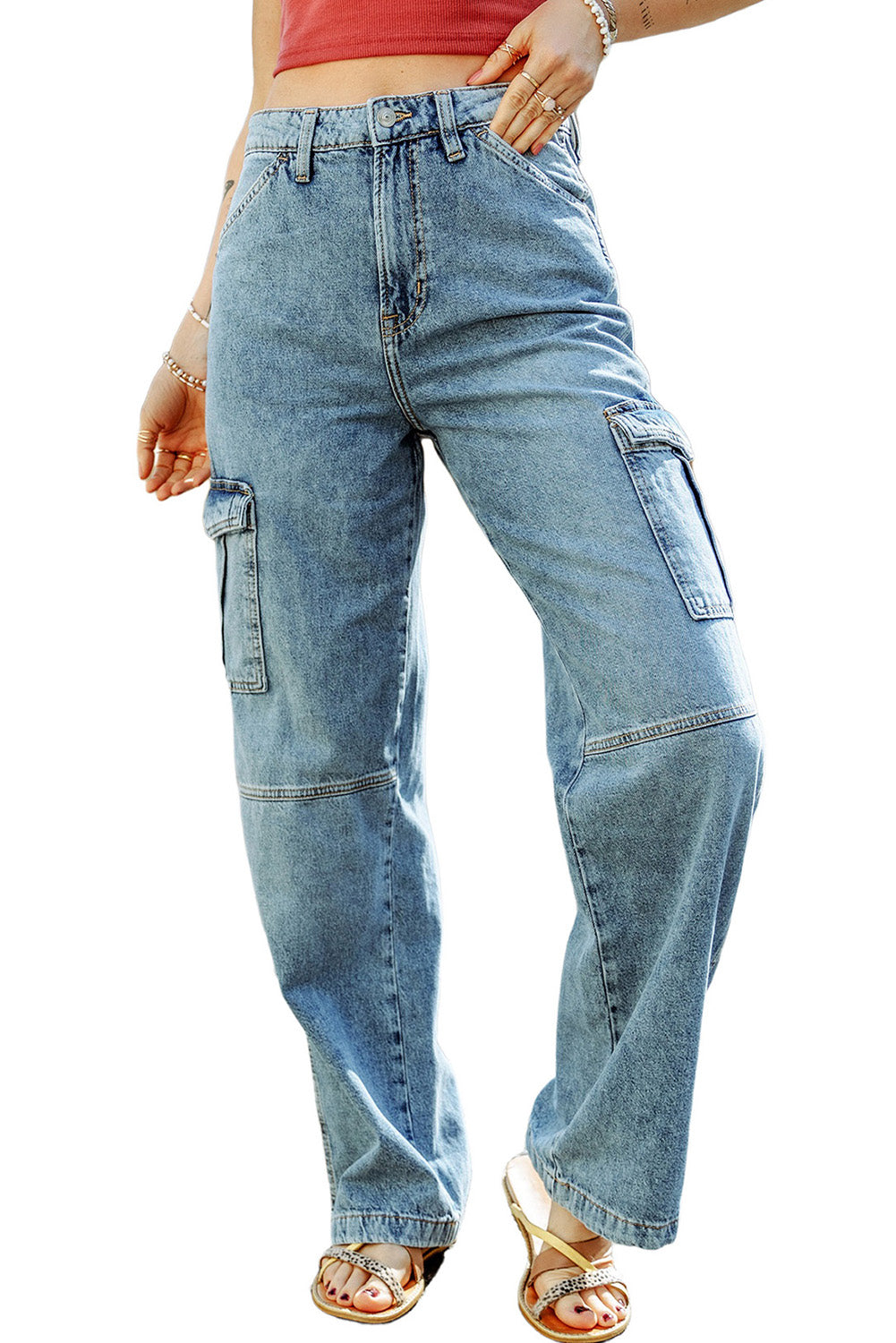 Sky Blue Cool Cargo Style Wide Leg Jeans - Dixie Hike & Style