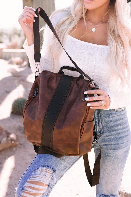 Brown Multifunctional Retro Faux Leather Backpack - Dixie Hike & Style