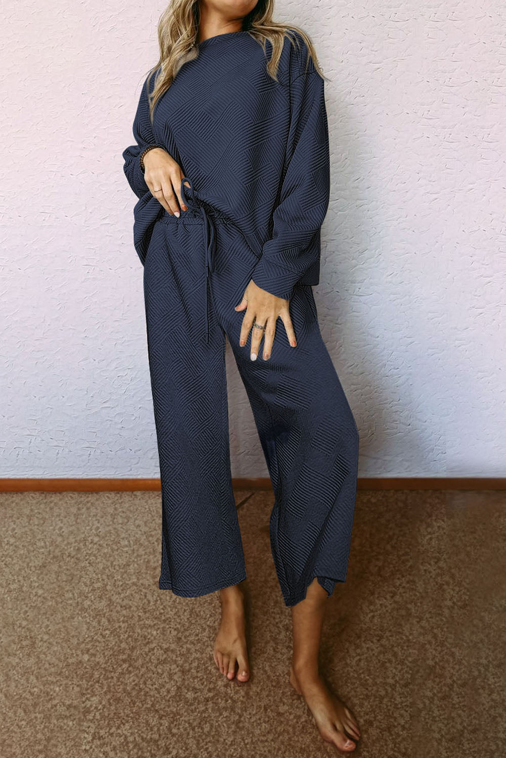 Navy Blue Ultra Loose Textured 2pcs Slouchy Outfit - Dixie Hike & Style