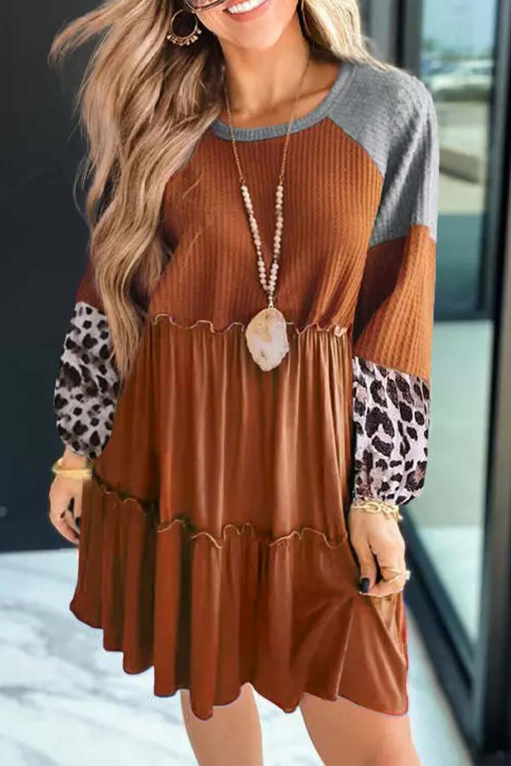 Brown Waffle Knit Leopard Patchwork Long Sleeve Dress - Dixie Hike & Style