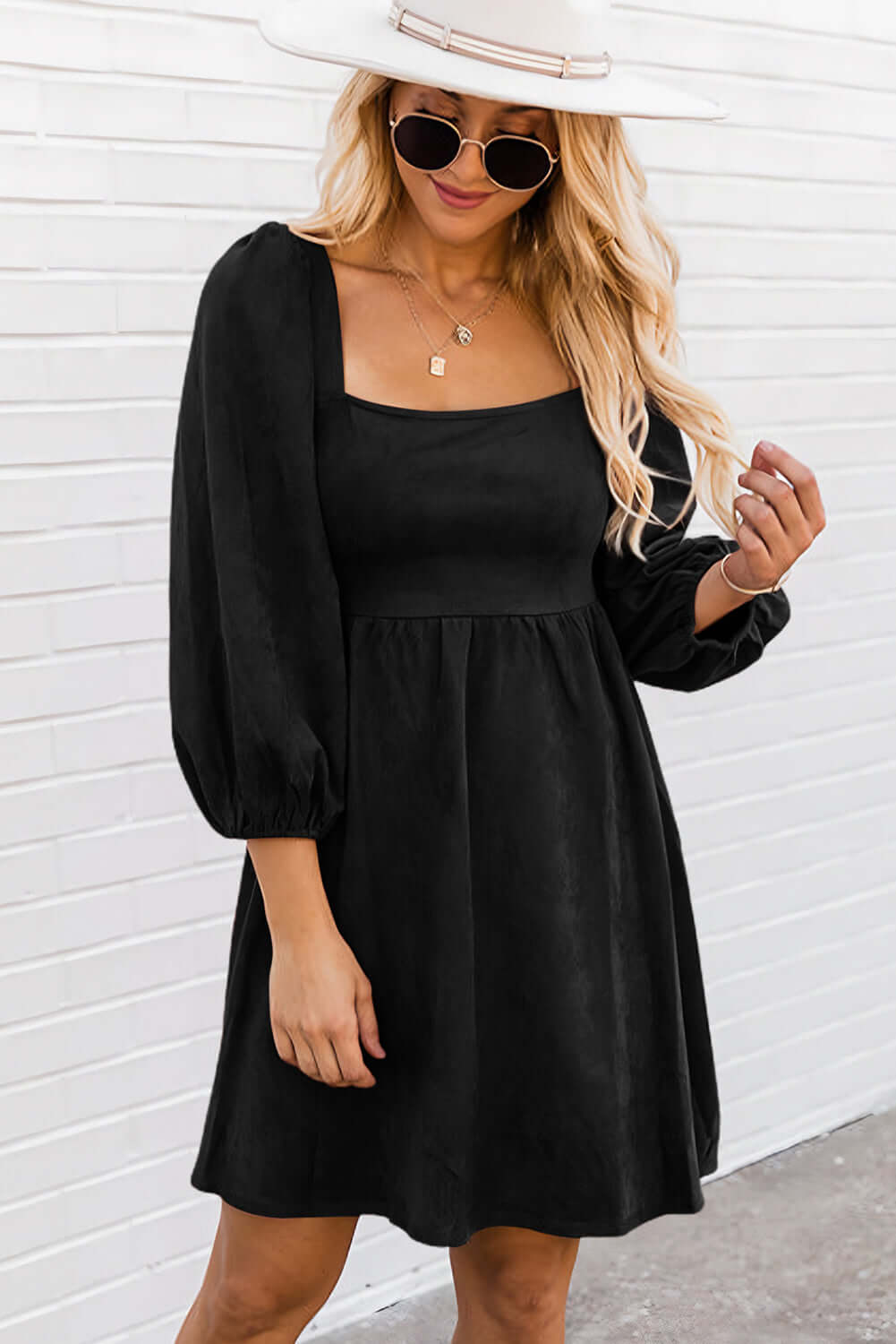 Black Suede Square Neck Puff Sleeve Dress - Dixie Hike & Style