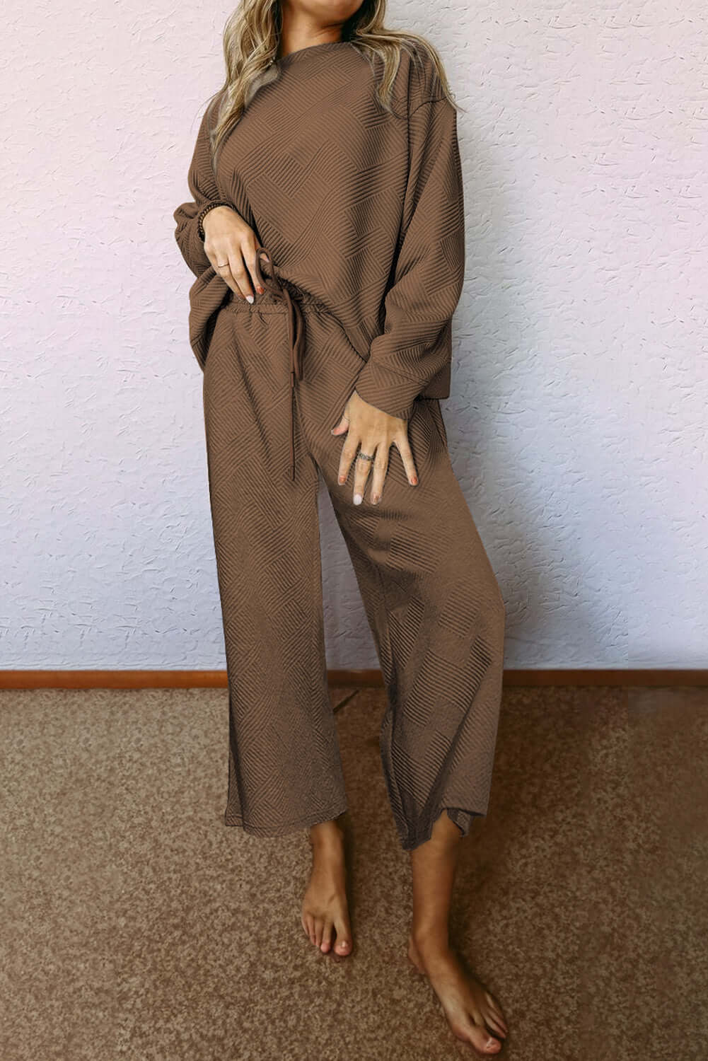 Dark Brown Ultra Loose Textured 2pcs Slouchy Outfit - Dixie Hike & Style