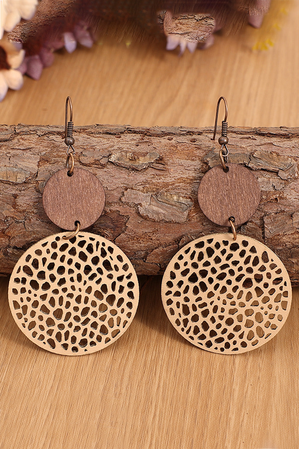 Khaki Hollow Out Wooden Round Drop Earrings - Dixie Hike & Style
