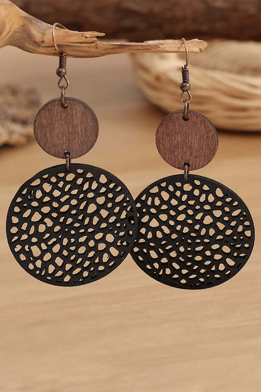 Black Hollow Out Wooden Round Drop Earrings - Dixie Hike & Style