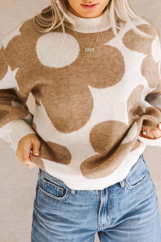 Khaki Big Flower Pattern Drop Shoulder Sweater - Dixie Hike & Style