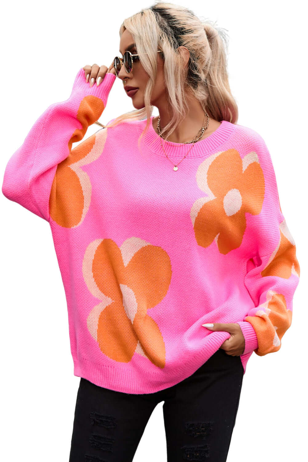 Flower Pattern Slouchy Sweater - Dixie Hike & Style