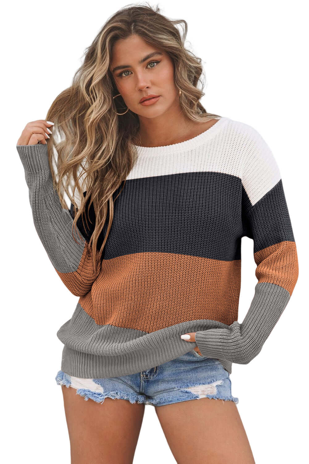 Chestnut Color Block Knitted O-neck Pullover Sweater - Dixie Hike & Style