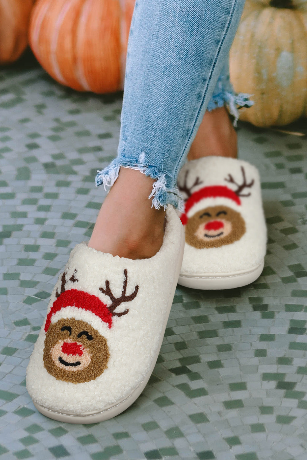 White Christmas Deer Home Indoor Plush Slippers - Dixie Hike & Style