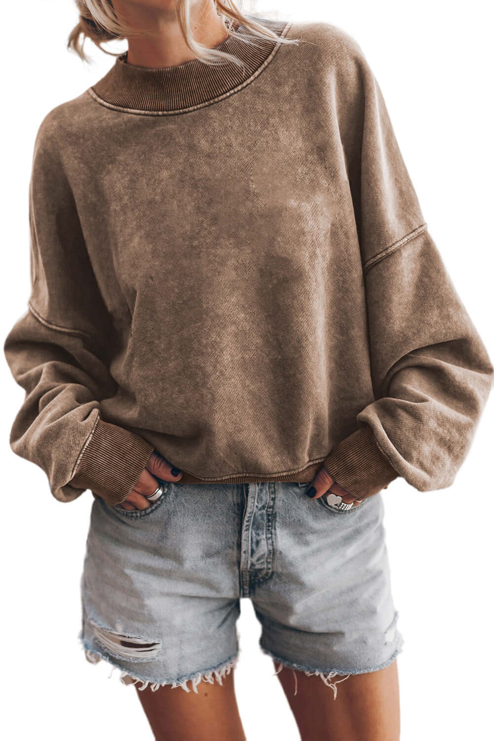 Brown Drop Shoulder Crew Neck Pullover Sweatshirt - Dixie Hike & Style