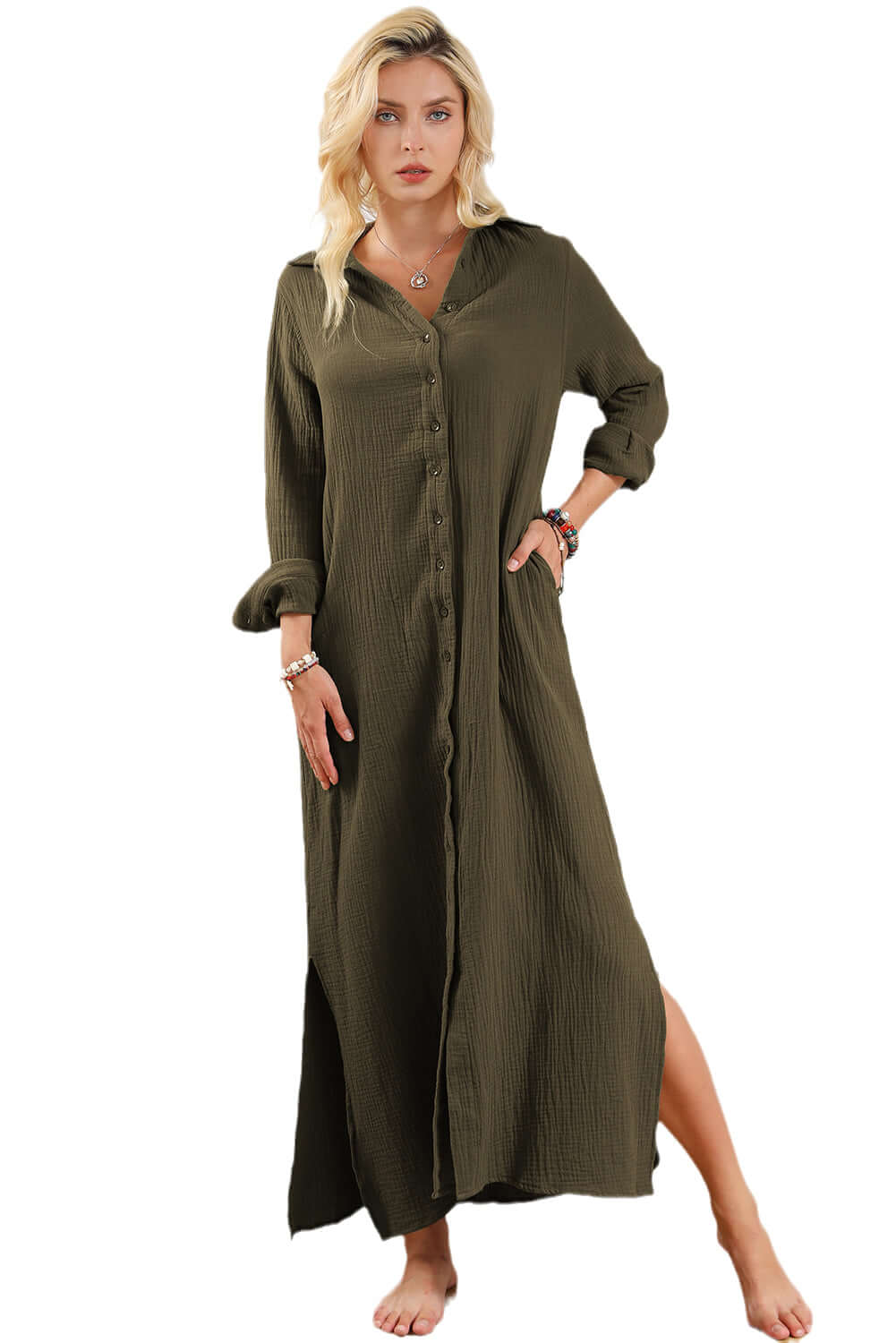 Green Crinkle Button Up Casual Split Shirt Maxi Dress - Dixie Hike & Style