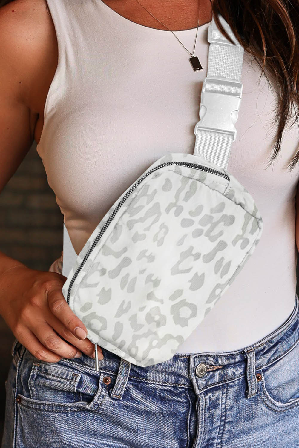 White Leopard Print Buckle Canvas Chest Bag 20*5*14cm - Dixie Hike & Style