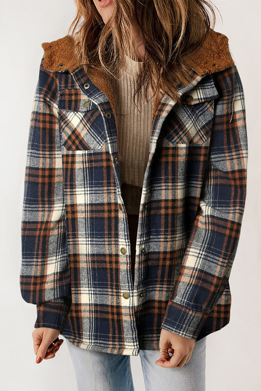 Plaid Pattern Sherpa Lined Hooded Shacket - Dixie Hike & Style