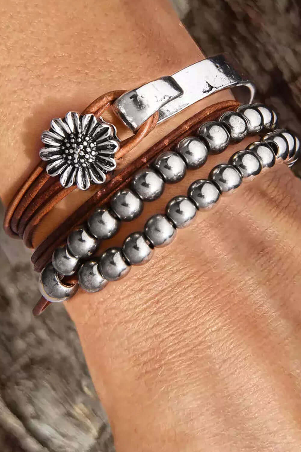 Brown Daisy Beading Alloy Multilayer Bracelet - Dixie Hike & Style