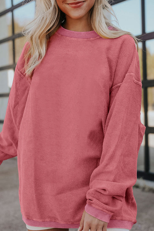 Strawberry Pink Ribbed Corded Oversized Sweatshirt - Dixie Hike & Style