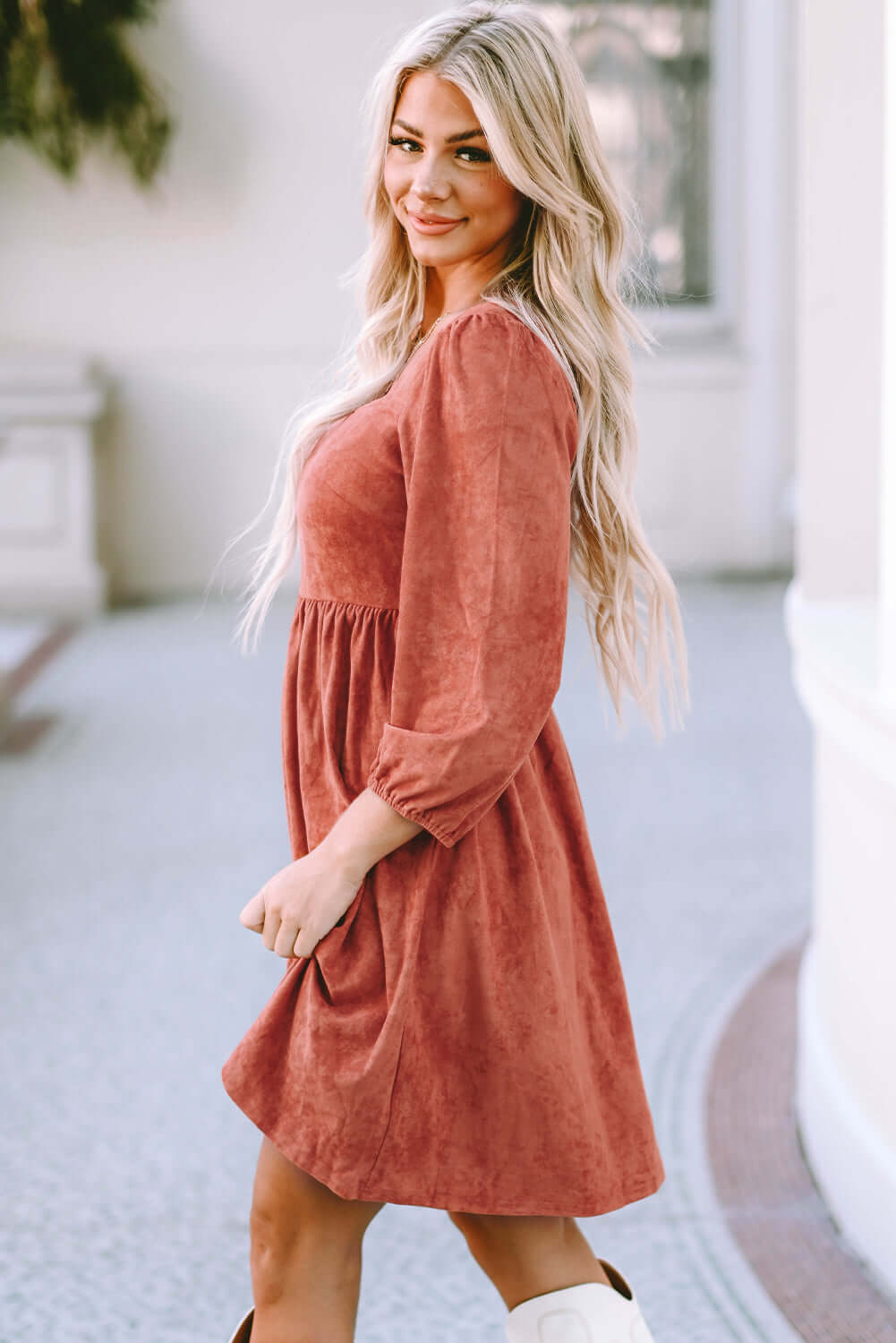 Suede Square Neck Puff Sleeve Dress - Dixie Hike & Style