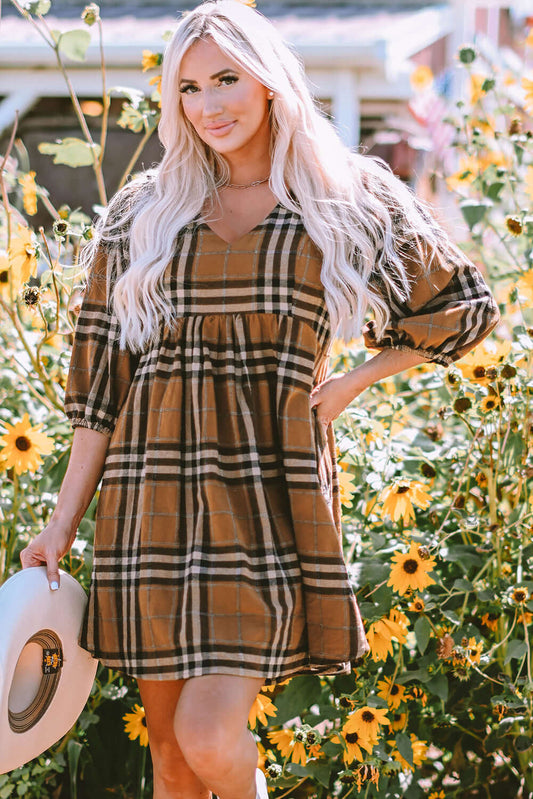 Brown Plaid Pattern Empire Waist Babydoll Dress - Dixie Hike & Style