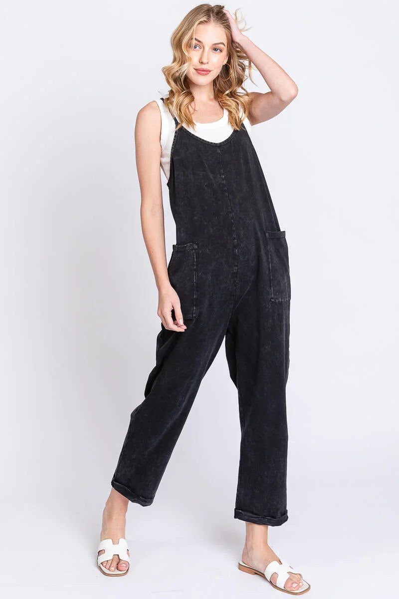 Final Touch Cami Jumpsuit: Relaxed Washed Cotton with Roll-Up Legs and Patch Pockets, Crafted in the USA