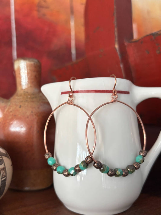 Copper Hoop and Czech Faceted Beads and Copper Beads Earring