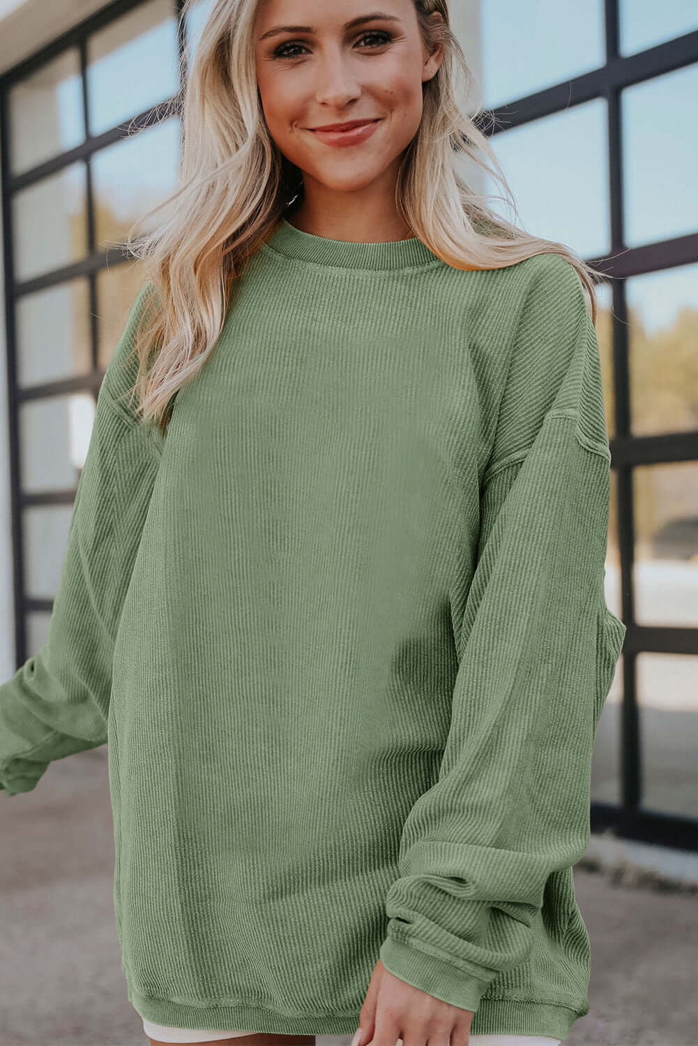 Green Ribbed Corded Oversized Sweatshirt - Dixie Hike & Style