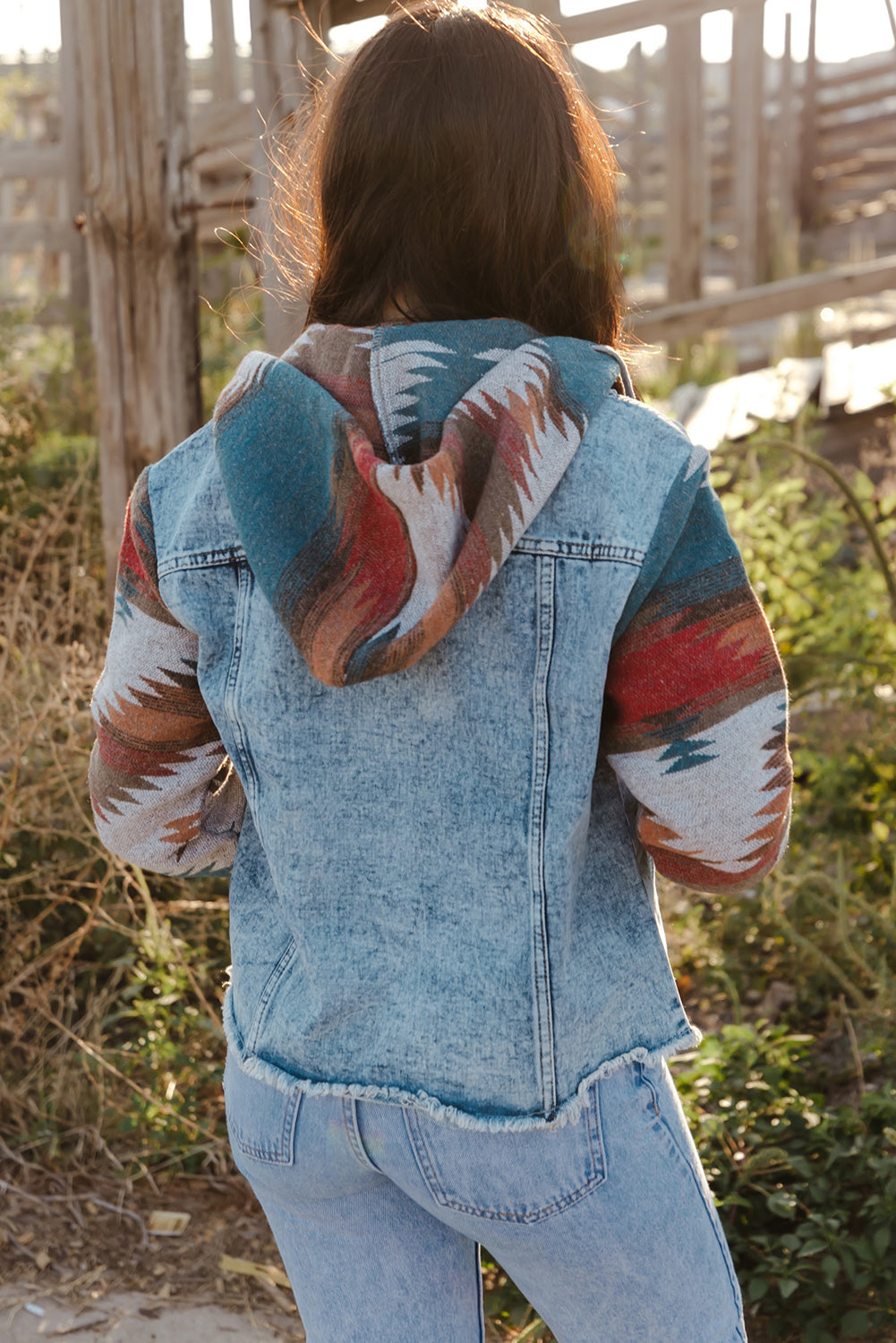 Multicolor Aztec Print Frayed Hem Denim Jacket - Dixie Hike & Style