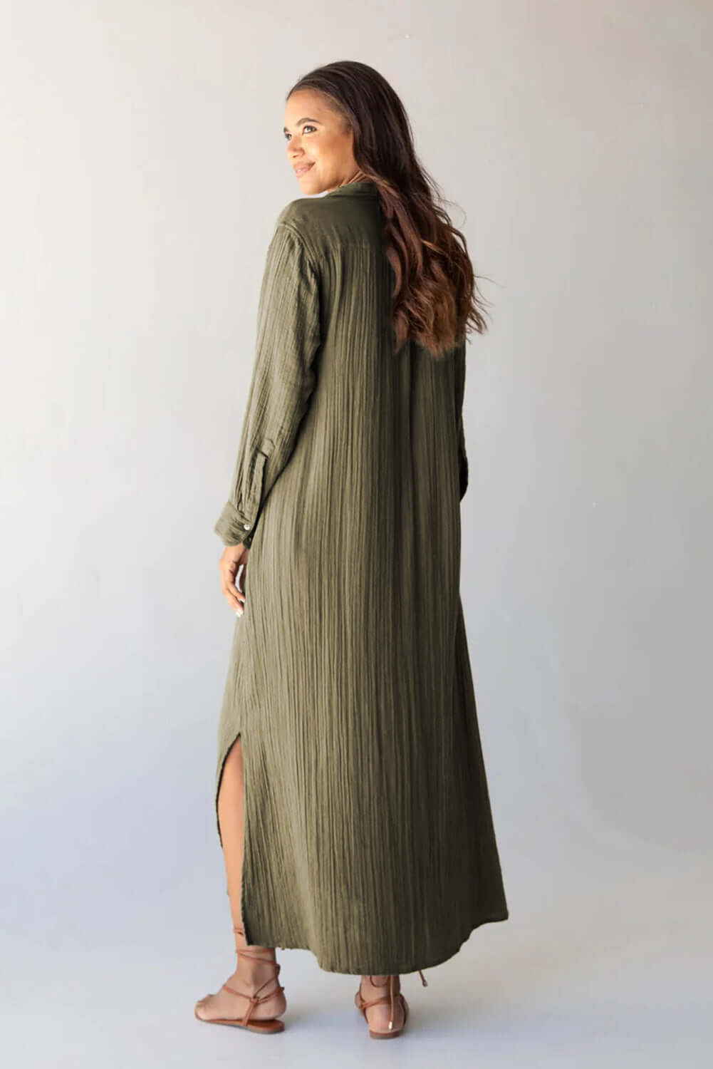 Green Crinkle Button Up Casual Split Shirt Maxi Dress - Dixie Hike & Style