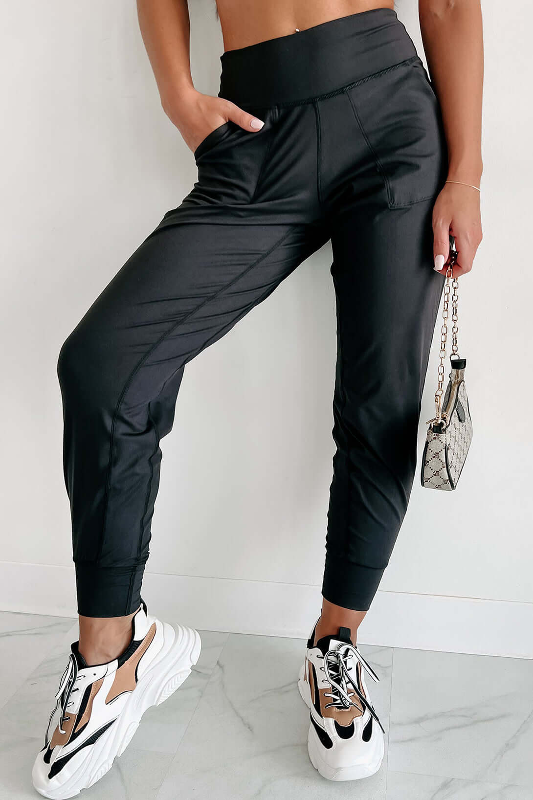 Black Exposed Seam High Waist Pocketed Joggers - Dixie Hike & Style