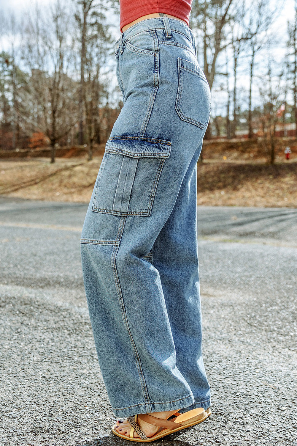 Sky Blue Cool Cargo Style Wide Leg Jeans - Dixie Hike & Style