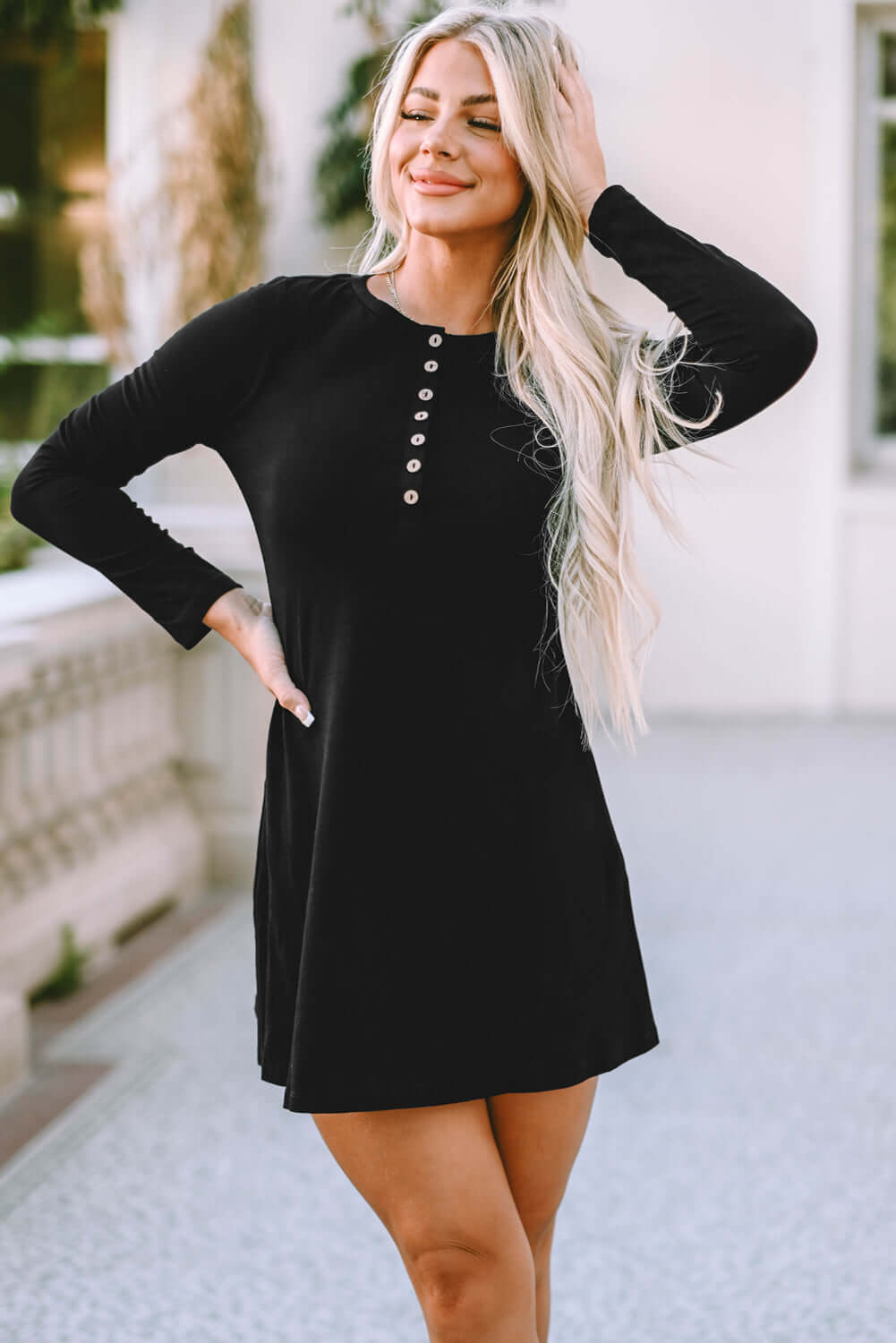 Black Solid Long Sleeve Henley Dress - Dixie Hike & Style