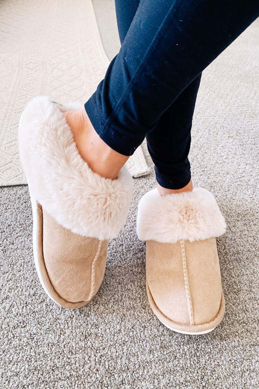 Khaki Cut and Sew Faux Suede Plush Lined Slippers - Dixie Hike & Style