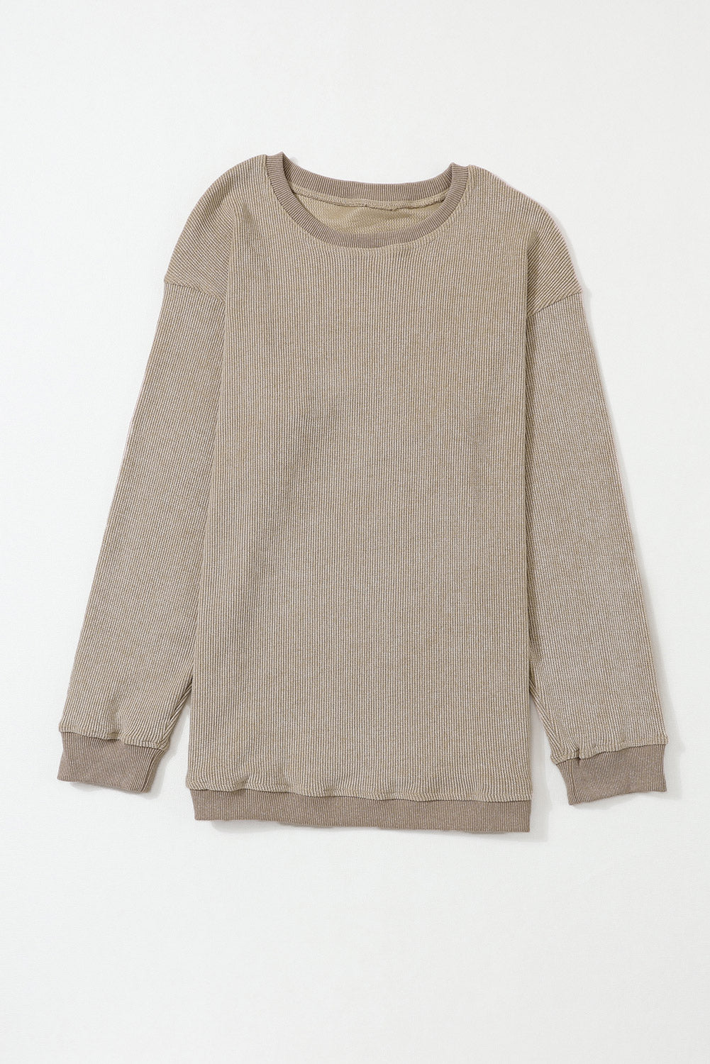 Khaki Solid Ribbed Knit Round Neck Pullover Sweatshirt - Dixie Hike & Style