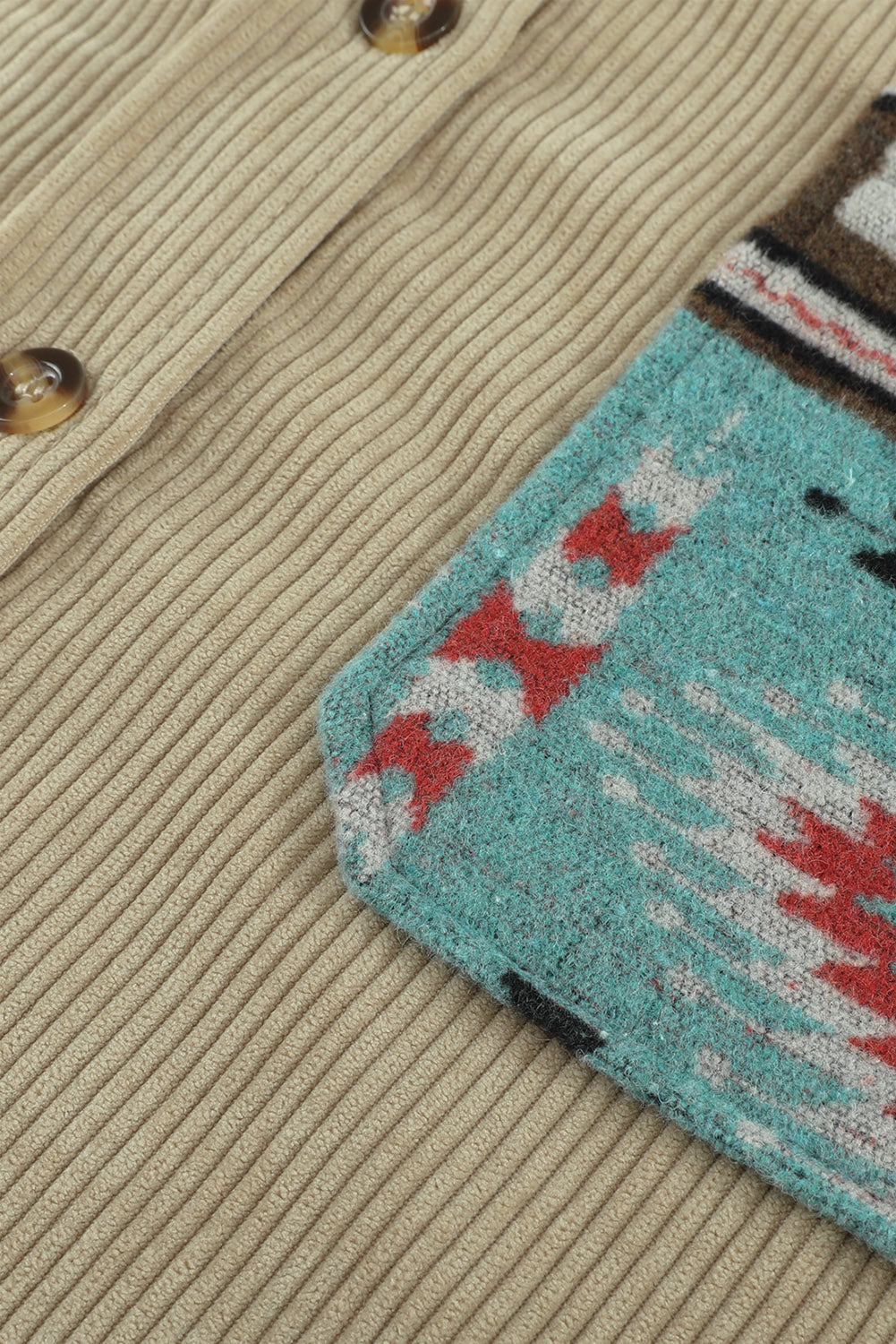 Khaki Aztec Pattern Sleeve Pocketed Corduroy Shacket - Dixie Hike & Style