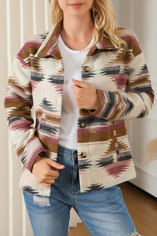 Multicolor Aztec Print Button Up Long Sleeve Jacket - Dixie Hike & Style
