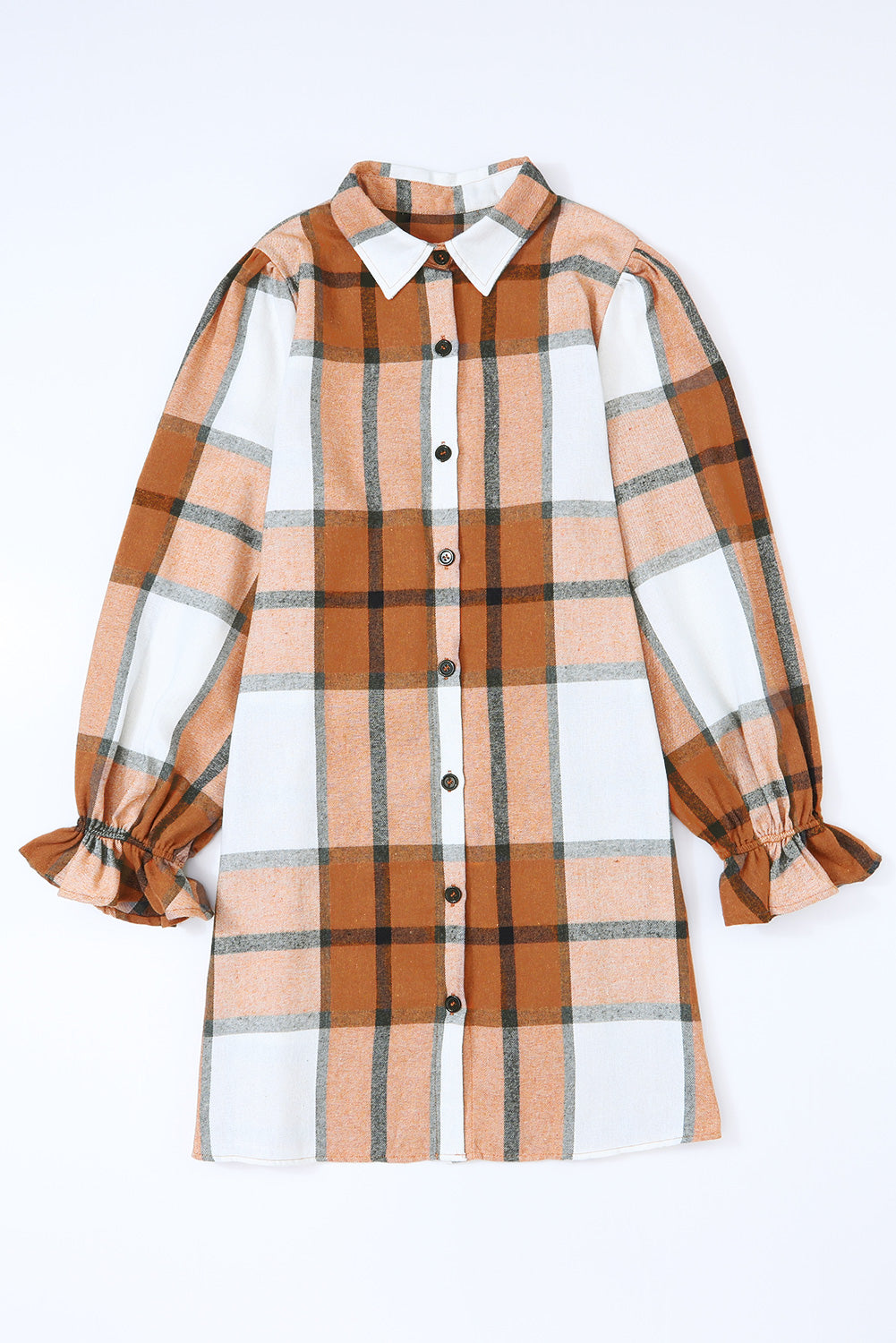Khaki Plaid Pattern Collared Neck Ruffled Sleeve Shirt Dress - Dixie Hike & Style