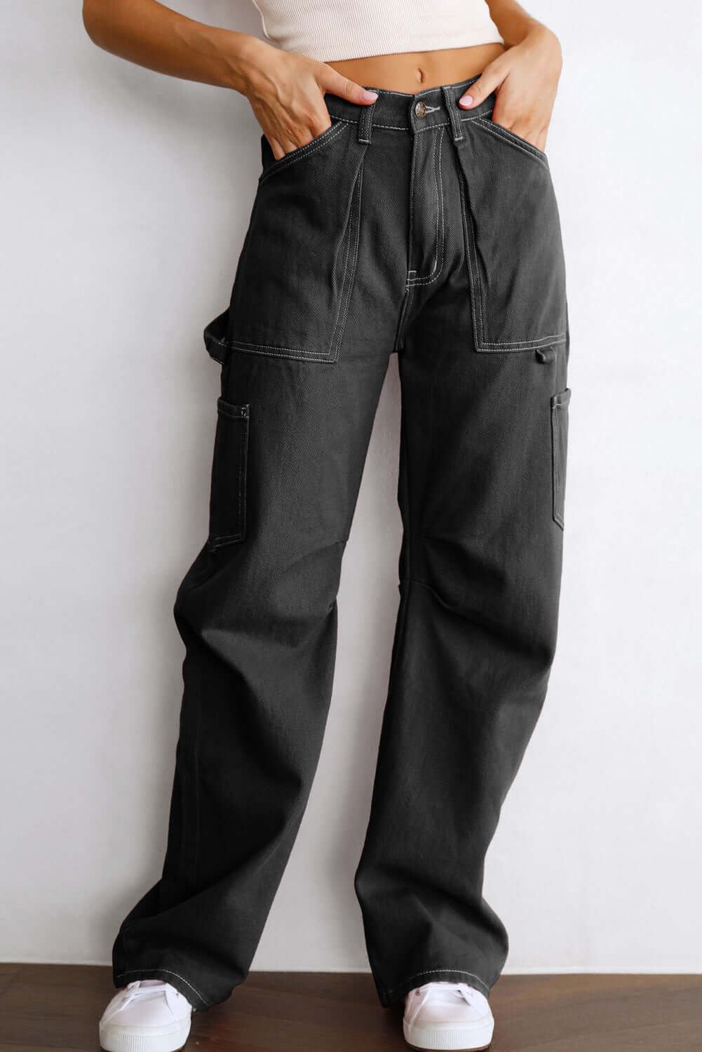 Black High Waist Straight Leg Cargo Pants with Pockets - Dixie Hike & Style