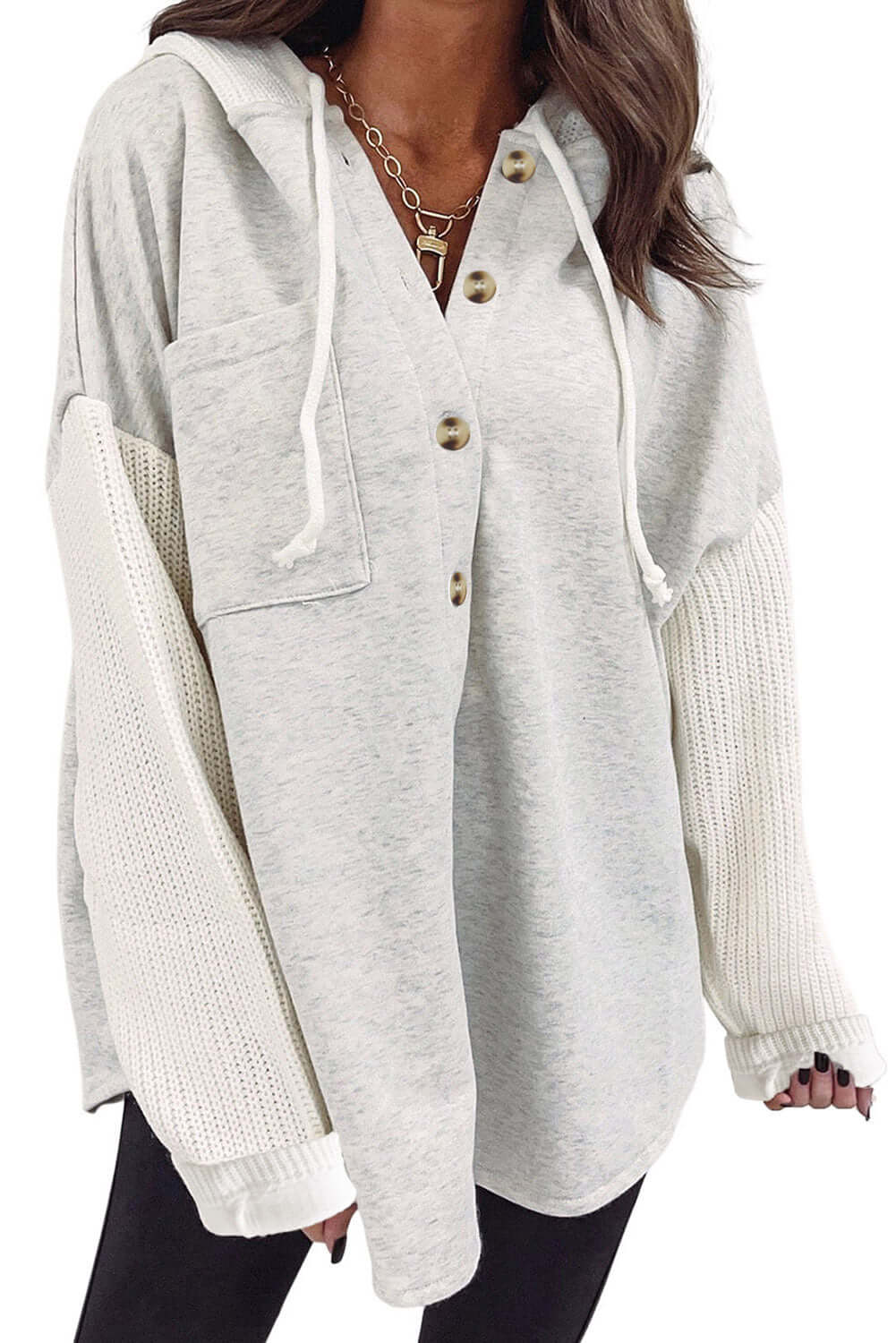 Gray Button Up Contrast Knitted Sleeves Hooded Jacket - Dixie Hike & Style