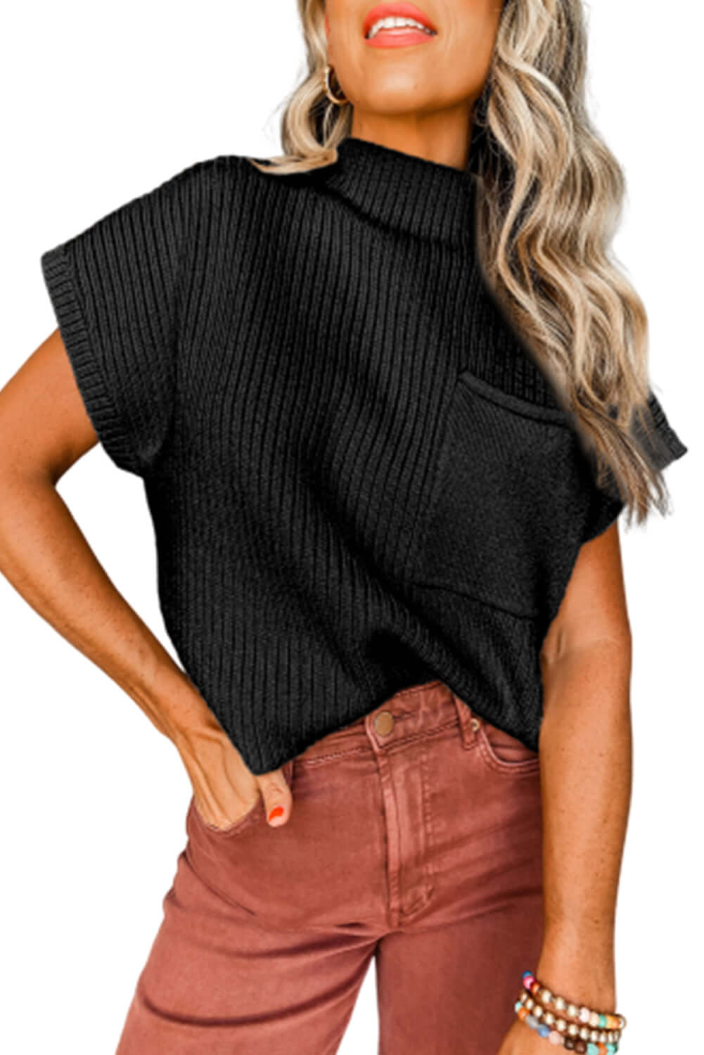 Black Patch Pocket Ribbed Knit Short Sleeve Sweater - Dixie Hike & Style