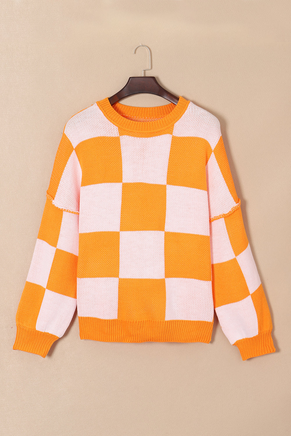 Orange Checkered Bishop Sleeve Sweater - Dixie Hike & Style