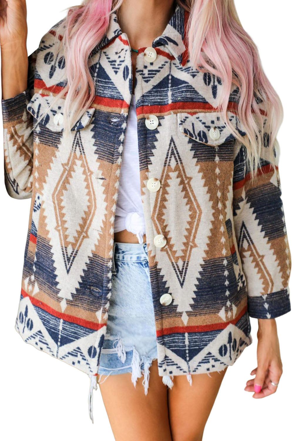 Multicolor Aztec Print Button-Up Oversized Jacket - Dixie Hike & Style