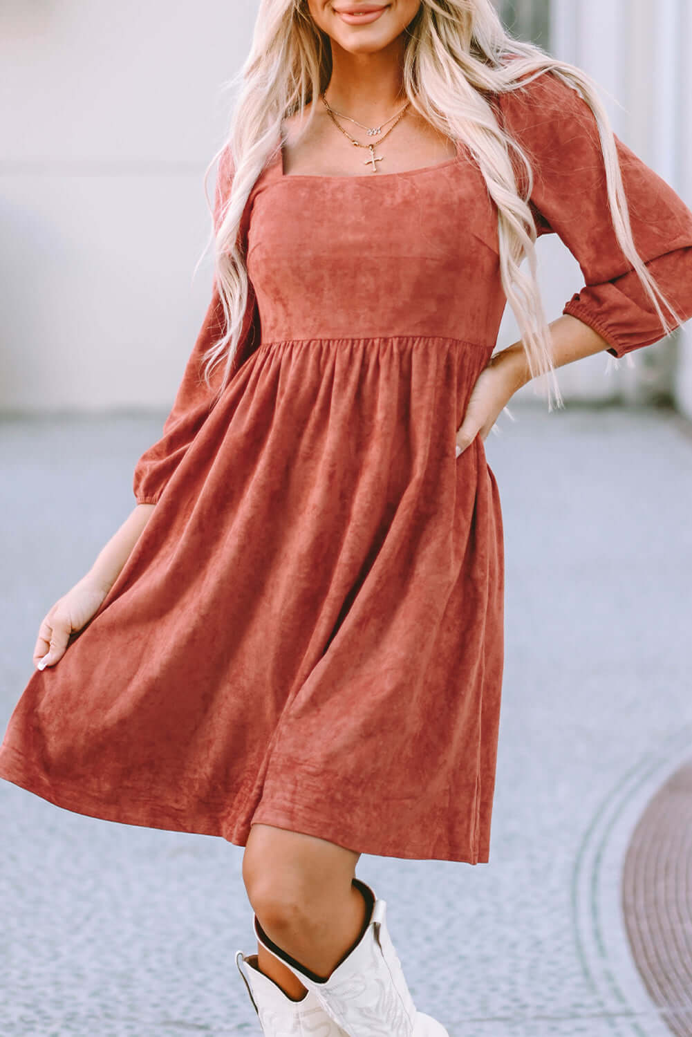 Suede Square Neck Puff Sleeve Dress - Dixie Hike & Style