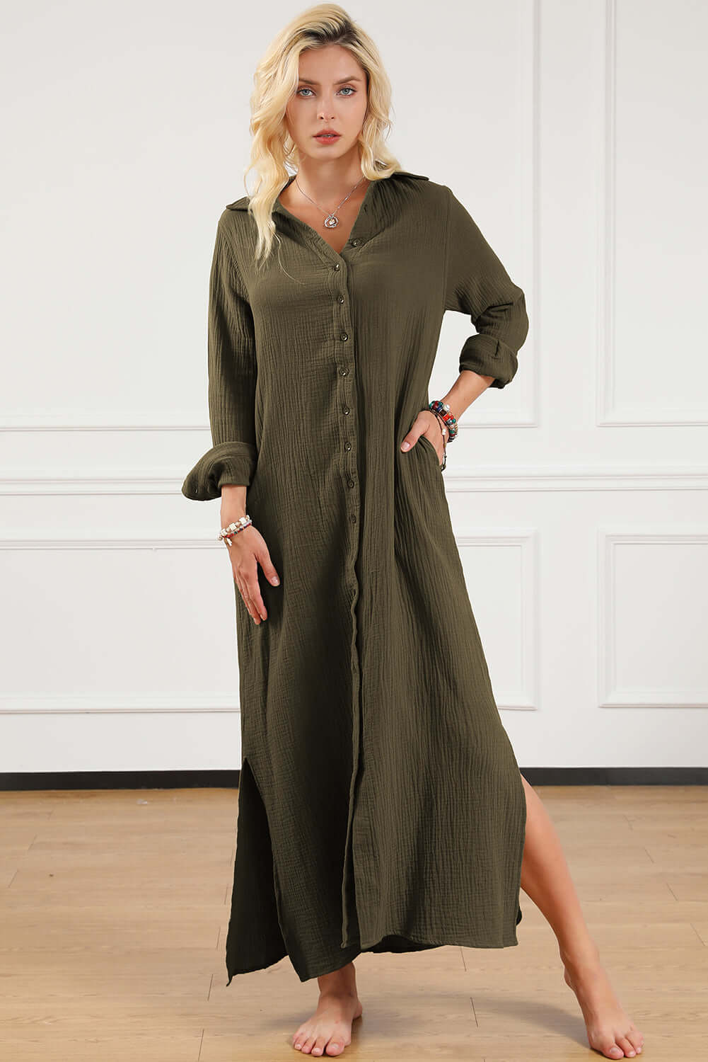 Green Crinkle Button Up Casual Split Shirt Maxi Dress - Dixie Hike & Style