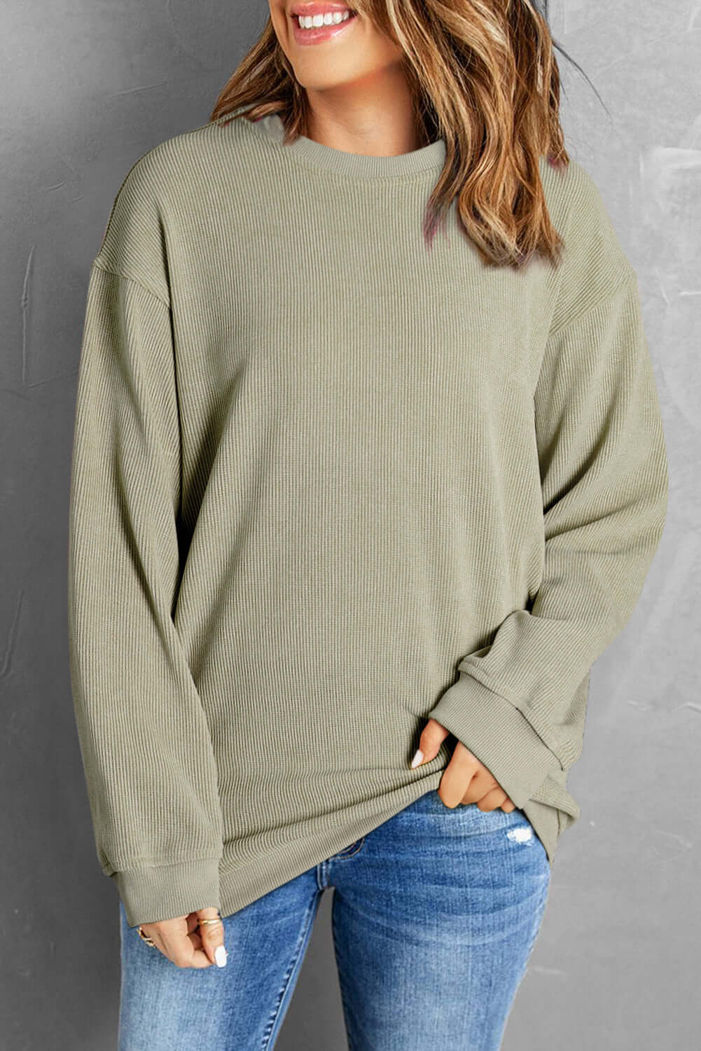 Green Solid Ribbed Knit Round Neck Pullover Sweatshirt - Dixie Hike & Style