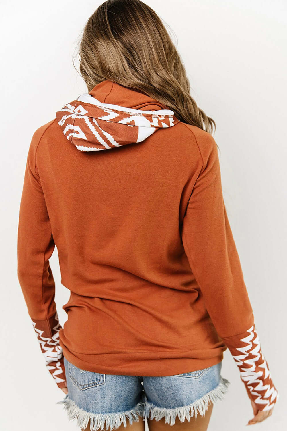 Brown Aztec Print Patchwork Thumb Hole Hoodie - Dixie Hike & Style