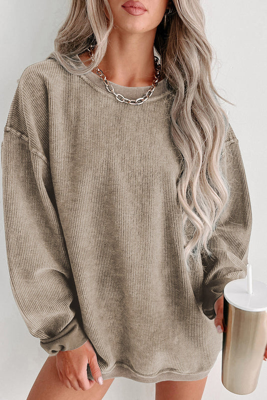 Khaki Solid Ribbed Knit Round Neck Pullover Sweatshirt - Dixie Hike & Style